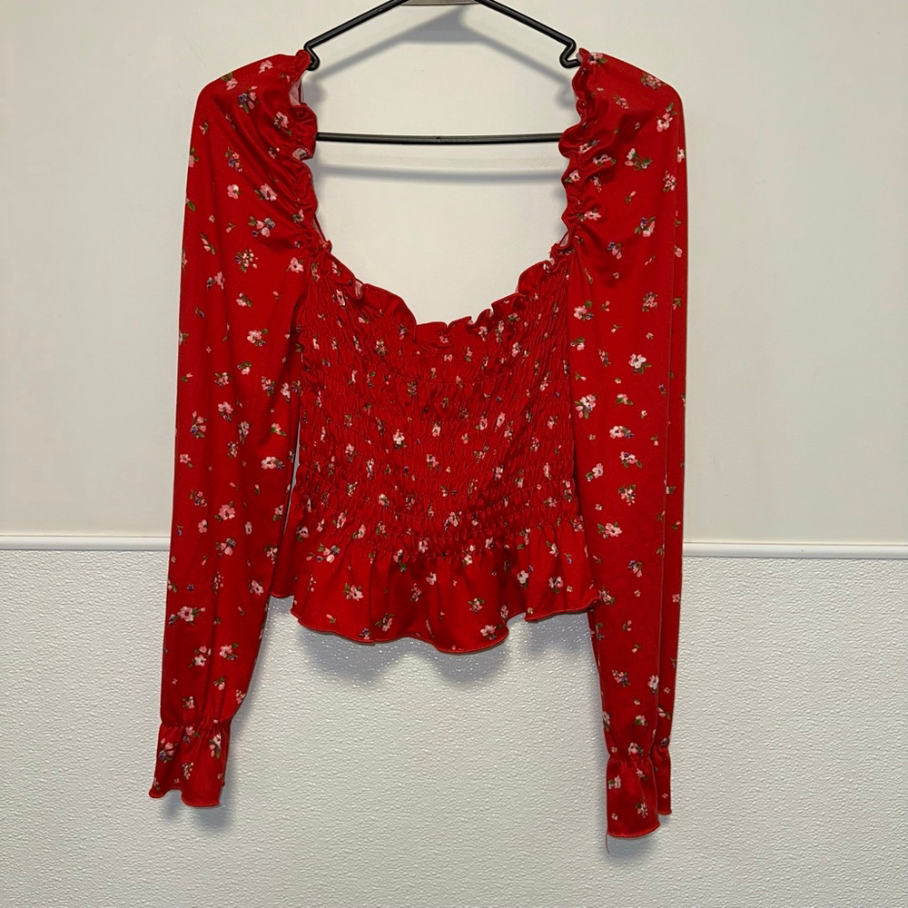 Women's Heart & Hips Floral Smocked Peplum Top Red/Pink Size Medium Boho - Picture 11 of 13